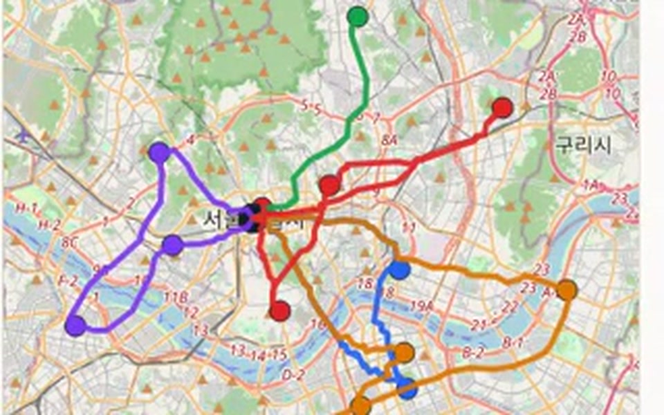 General Solver가 산출한 차량 5대의 배송 경로가 실제 도로망 지도 위에 색깔별로 표시된 화면